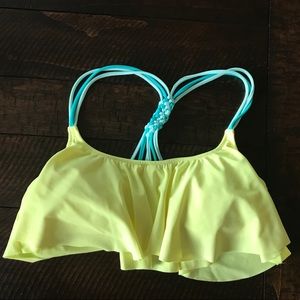 Bright yellow and two shades of blue flowy padded swimsuit top